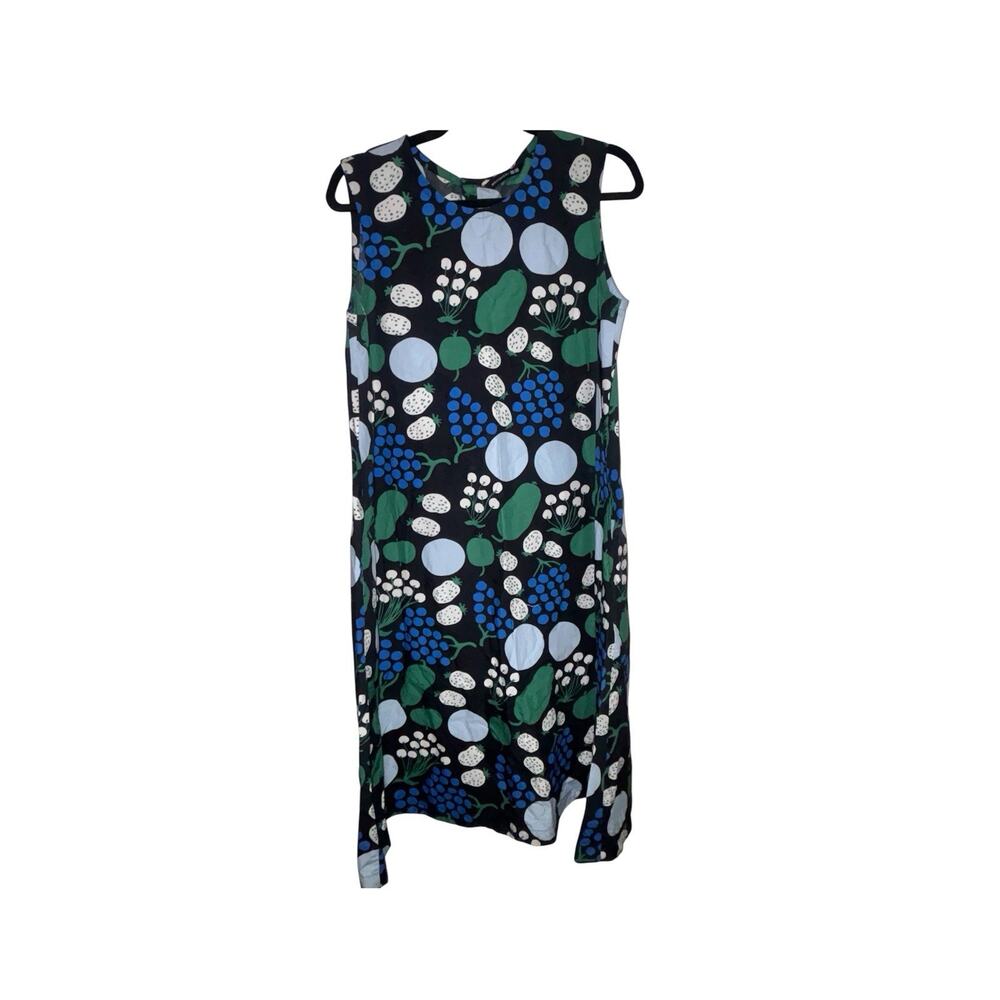 Marimekko x Uniqlo Fruit Print A Line blue Dress -Sleeveless -Pockets sz MED - Picture 4 of 8